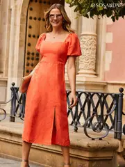 Sosandar Pink Sweetheart Neck Fit And Flare Midi Dress Contains Linen (N60249) | $173