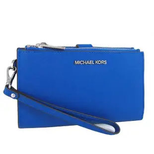 【Michael Kors】銀字防刮皮革雙層手拿提掛長夾 手機包(寶藍色)