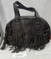 Sundance Fringe and Stud Chocolate Brown Womens Leather Satchel Bag New