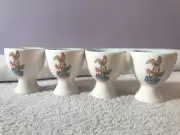 Egg Cups Easter egg Cups set of 4 ceramic white w/bunnies & color eggs PO1706