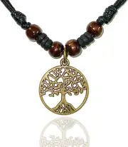 Celtic Tree of Life Pendant Necklace Wood Beaded with Adjustable Black Cord Mens