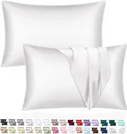 Mulberry Satin Silk Pillowcase for Hair and Skin - Soft Breathable Smooth Both Sided Silk Pillow Cover Pair - Standard Size 50x75cm (White, Standard)