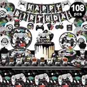 Video Game Theme Party Set 10 Guest Pack Plates Cups Napkins Tablecloth Banner Balloons Cake Toppers