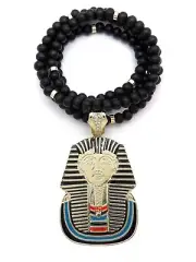 NEW KING TUT PHARAOH PENDANT WITH BLACK WOODEN NECKLACE