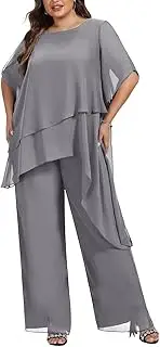 [Zongqiven] Women's 2 Pcs Plus Size Mother of the Bride Pant Suits Chiffon Asymmetric Flowy Tunic & Pant Outfit Set