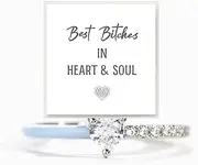 [Someki] Best BiChes Rings, Matching Half Enamel Heart-Cut Rings Self Love Ring Silver pink Heart Adjustable Rings For Women Girls Best Friends Jewelry Gifts
