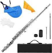Western Concert Flute Cupronickel Nicke Plated 16 Holes C Key Woodwind Instrument with Cleaning Cloth Stick G S Scre River Padded Case