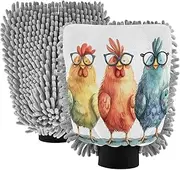 XYMZR Three Colorful Chickens Glasses Absorbent Microfiber Car Wash Mitt, Funny Cute Anime Scratch Free for Cars Cleaning, Home Cleaning Mitts, 2 Pack, 10.24” L x 7.09” W