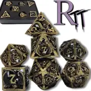 Hollow Ancient Gold Metal Dragon DND Polyhedral Dice Set Role Playing Game + Box