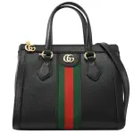 【GUCCI 古馳】OPHIDIA 金屬雙G LOGO綠紅經織帶小牛皮手提包兩用包(黑)