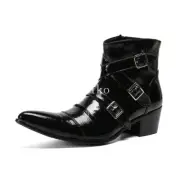 British Buckle Nightclub Real Patent Leather Heels Chelsea Ankle Boots Men Shoes