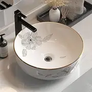 Cefito Bathroom Basin Vanity Sink, Ceramic Hand Wash Basins Vessel Sinks Above Counter Top Tools Kitchen Home Improvement, Round Shape High Gloss Finish Scratch-Resistant with Pattern White
