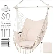 TJHypenete Hammock Chair, Hanging Rope Swing Chair with 2 Cushions and Installation Hardware Kit, Max 330 Lbs, Macrame Boho Ceiling Swing Chair with Pocket for Bedroom Outside Patio Camping Garden