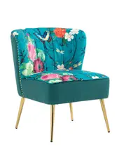 Blue Floral Accent Chair Gold Legs Gold Studs Gold Handle, Polyester Linen, 79cm tall