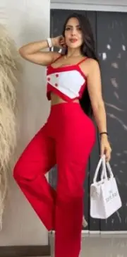 Two piece sleeveless short top casual pants set ( Color Red)