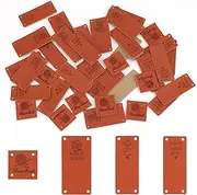 SAVITA 40PCS Handmade Leather Labels PU Leather Labels Hand Made Embossed Tags with Holes for Crafts, Knitting, and Crocheting(4 Patterns)