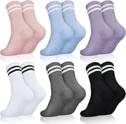 [Zuimei] 6 Pairs Pilates Grip Socks Women, Non Slip Yoga Socks Ladies Grippy Socks Long Pilates Socks for Dance Barre Ballet Home Gym Workout Gym Sports Fitness, white, black, gray, pink, purple, 3-10