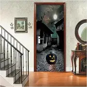 Door Stickers Halloween Pumpkin Lantern Door Stickers Horror Night Mural Sticker Mysterious Castle Decal Wallpaper(C,95x215cm)