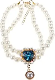 Abaodam Dog Faux Pearl Collar: Dual-Layer Heart Pendant Necklace for Female Puppies Cat - Adjustable Pet Formal Jewelry for Christmas Birthday Valentine's Day