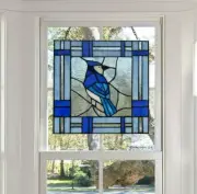 Blue Jay Bird Stained Glass Window Panel Suncatcher 11in x11in 75 Handcut Pieces