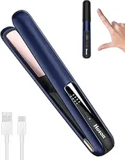 Hoson Cordless Hair Straightener,Portable Mini Flat Iron Travel for Bangs,Short Hair, Rechargeable Wireless Curling Iron and Curler 2 in 1,Blue,for Touch Ups