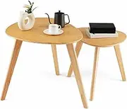 Costway Nesting End Table Set of 2, Triangle Rubber Wood Side Table, Free Combination Coffee Table, Modern Compact Nightstand, Space-Saving Tea Table for Living Room, Bedroom, Natural