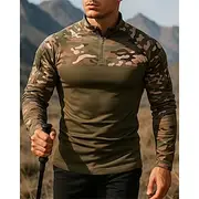Men's Polo Sweatshirt Hiking top Long Sleeve Stand Collar Top Outdoor Breathable Quick Dry Lightweight Elastic Quarter-Zip Pullover Polyester Camouflage Black