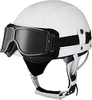Vintage Motorcycle Half Helmet Leather Half Helmet Removable Ear Straps Built-in Visor and Goggle Half Shell Helmet for Adults Men Women Scooter Cruiser DOT/ECE Approved