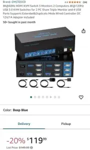 KVM Switch 2 Monitors 2 Computers Display Port 4K@120Hz 8K@60Hz Displayport