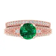 2.1ct Round Cut Pave Emerald Stone Ring Band bridal Set 14k Rose solid Gold