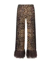 Leopard print feather hem casual pants S Brown