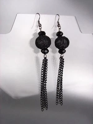 CHIC Black Metal Mesh Chain Bead Czech Crystals Tassel Long Earrings