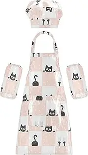 AIXIWAWA Kids Apron Chef Hat Set, Child Kitchen Bib Aprons Adjustable for Cooking Baking Painting (Cute Black Cat)