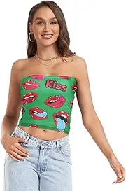 [GuoChe] Womens Tube Top Valentine's Day Lips Kisses Tongue Retro Green with Mesh Cleavage Cover Up Stretchy Tube Top for, Valentine's Day Lips Kisses Tongue Retro Green, Large