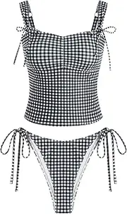 [ZAFUL] Women's Gingham Ruched Bowknot Decor Cinched Back Tankini Set Tummy Control 2 Piece Bikini Swimsuits