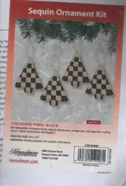 NIP!!! SEQUIN ORNAMENT KIT CHECKERED PINES (BLACK) SET OF 4