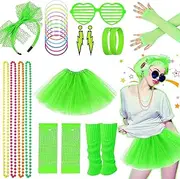 80s Fancy Dress Accessories Set, 1980s Party Costume Kit Rainbow Tutu Skirt Leg Warmers Fishnet Gloves Glasses Earrings Bracelet Necklace Headband, Retro Outfit for Women Dress up Day
