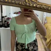 NWT Urban Outfitters Top S Knit Green Short Sleeve Tie Front Crop Button Square