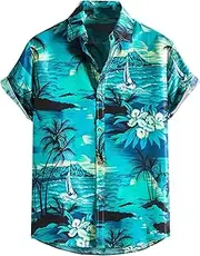 [Generic] Adult Jumpsuit Men Shirt Summer CasualShort Sleeve Regular Fit Tropical Printe Button Down Beach Shirt for Men Plain T Shirt