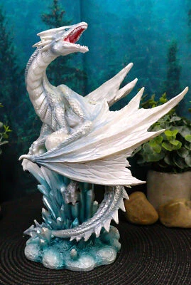 White Arctic Snow Winter Dragon On Giant Crystal Ice Rocks Statue Frozen Realm