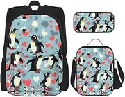 I Love Penguins Backpack With Lunch Box And Pencil Case 3 In,Kawaii Backpacks With Lunch Bag Matching Combo