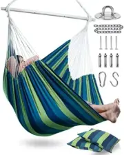 XXL Hammock Chair Hanging Rope Swing with 2 63"L*47"W(+2 Cushions) Green & Blue
