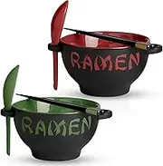 Red & Green Ceramic Ramen Bowl Set with Chopsticks and Spoon - Set of 2 Microwavable Kitchen Noodle Bowl for Instant Noodles, Pho, Udon Noodles, Miso Soup - Japanese Ramen Bowls Ceramic Gifts (21 oz)