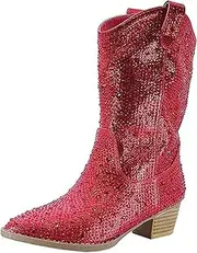 [Forever] Girls/Kids Rhinestone Western Cowgirl Cowboy Pointed Toe Low Heel Boots