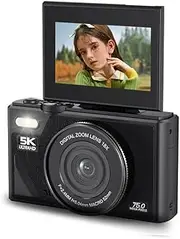 5K Digital Camera, WiFi 75MP Vlogging Cameras, 18X Autofocus Point and Shoot Digital Cameras with 3in 180°Flip Screen, Compact Vlog Travel Camara with SD Card for Photography (Black)