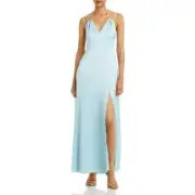 Aqua Fit & Flare Gown Women's 8 Cool Blue Side Slit V-Neck Tie Zip Back Closure+
