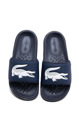 Mens Lacoste Slides Croco Dualiste Navy Blue Logo Slip On Comfort Sandals New