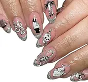 24Pcs Halloween Fake Nails Medium Almond Press on Nails Glitter False Nails with Horror Skeleton Spider Designs Acrylic Artificial Nails Pink Stick Glue on Nails Decorations for Women