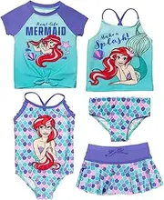 [Disney] Princess Big Girls 5 Piece Swim Set: Rash Guard One-Piece Tankini Bottom Skirt 10-12