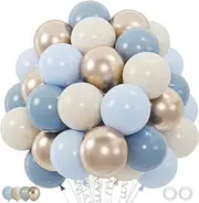 100pcs Dusty Blue Balloon Set | 12-Inch Baby Slate Blue, Sand White & Champagne Gold Confetti Balloons | Elegant Decor for Baby Shower, Wedding, Graduation & Boys' Birthday (2 Ribbons)
